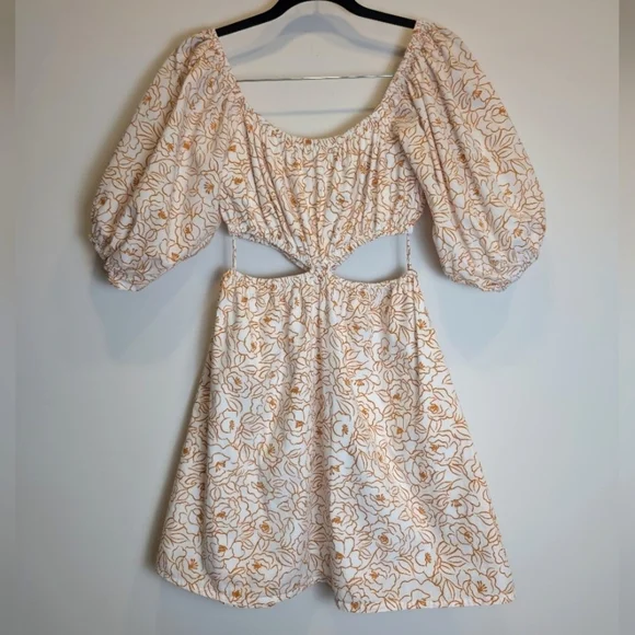 Faithfull The Brand Orange White Gabelli Mini Dress Puff Sleeves Size Large - Picture 2 of 8